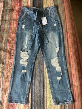 Distressed Blue Women's Boyfriend Jeans with Tie Waist